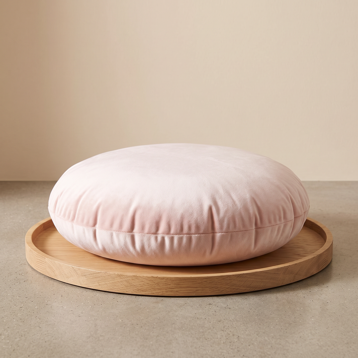 Round Velvet Pillow Cover in Light Pink – lying flat on a round oak tray on a concrete floor
