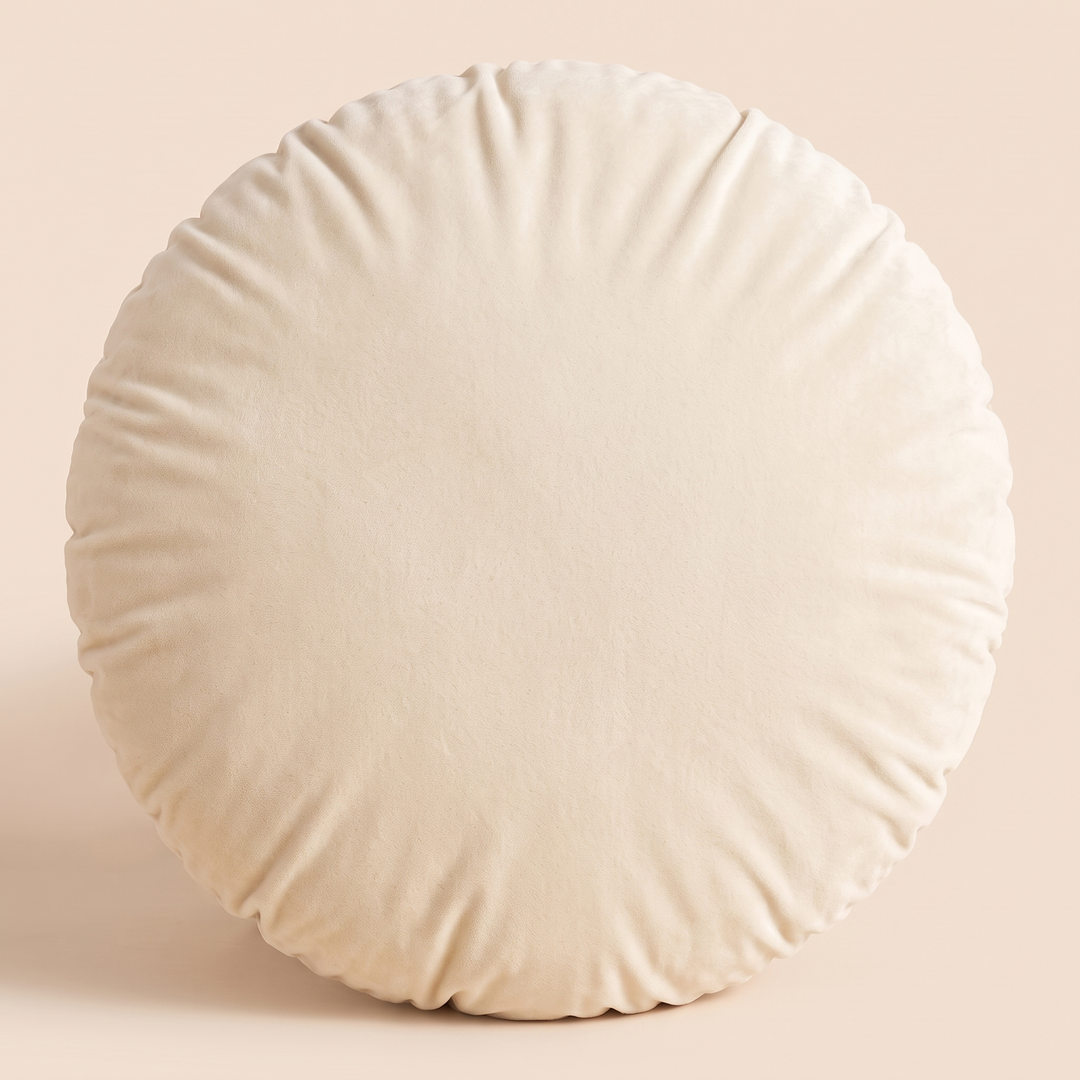Round Velvet Pillow Cover in Cream – centered with softly gathered edges and a light shadow