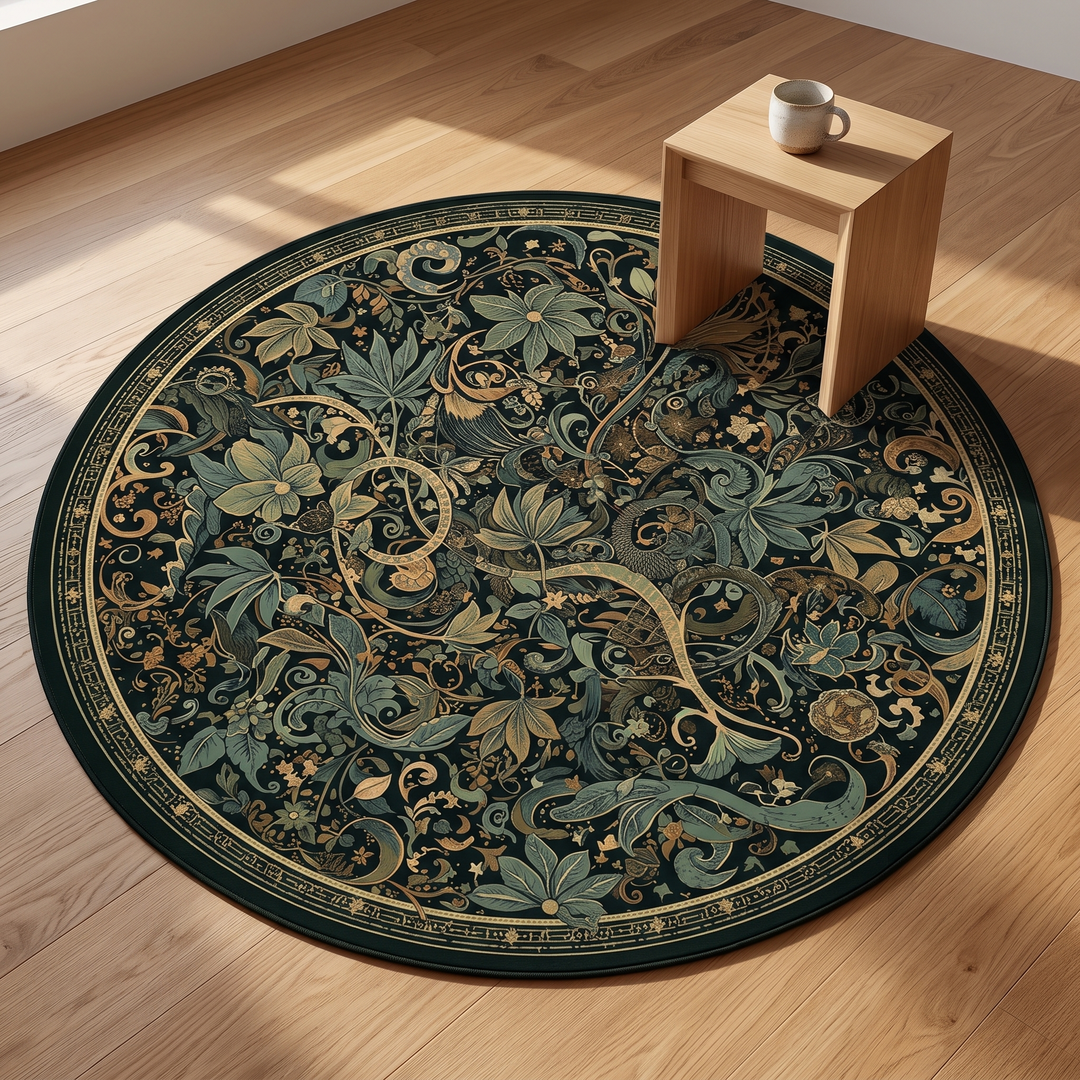 Round Vintage Floral Rug – Washable in Dark Green – Botanical Scroll – angled view on oak plank floor with wooden stool and mug
