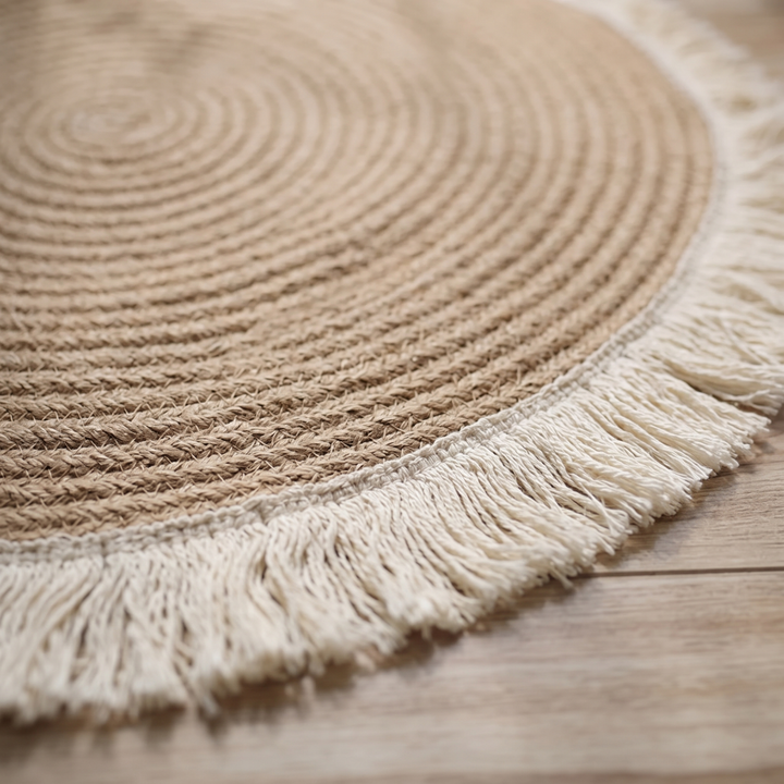 Round Cotton Rug – Hand-Woven, Fringed in Natural
