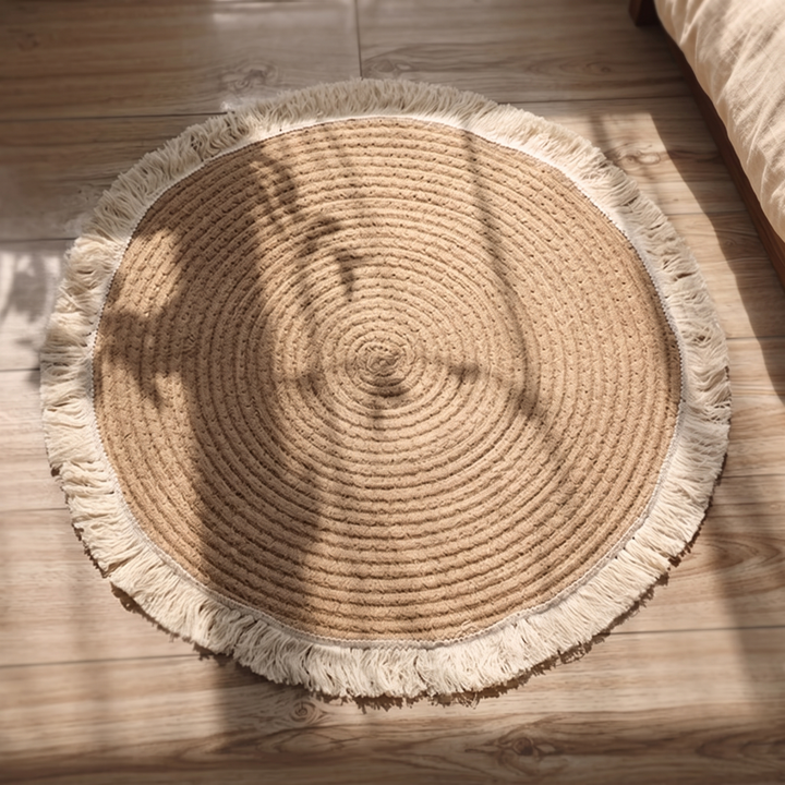 Round Cotton Rug – Hand-Woven, Fringed in Natural