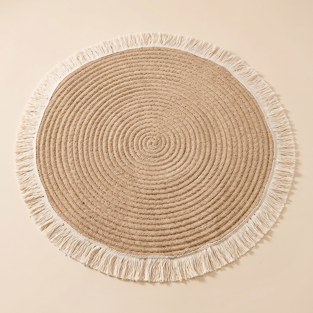 Round Cotton Rug – Hand-Woven, Fringed in Natural