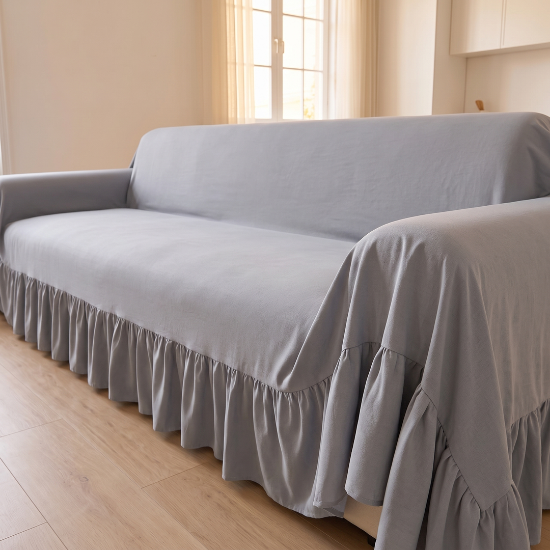 Ruffled Couch Cover in Light Gray – low side angle showing gathered ruffle skirt along the seat front and draped arm panel
