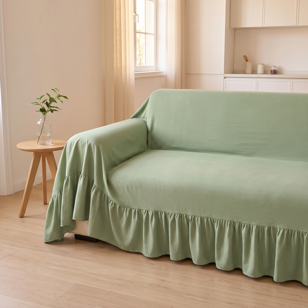 Ruffled Couch Cover in Sage – beside a wooden side table with a leafy stem