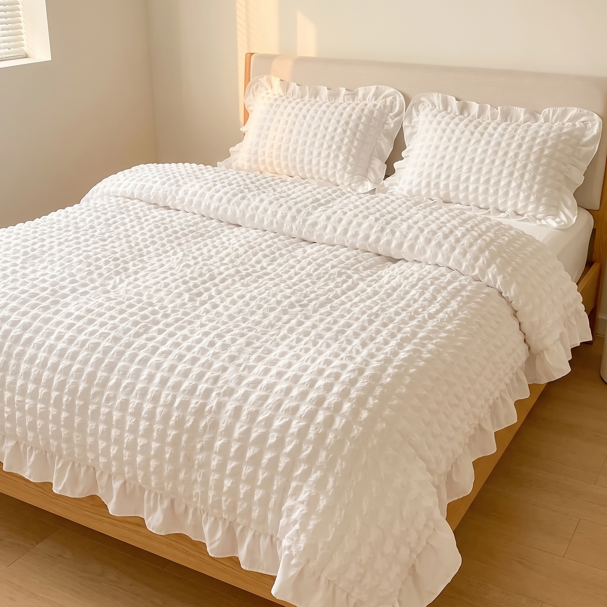 Ruffled Duvet Cover Set in White – on a made bed with wooden frame in a sunlit bedroom