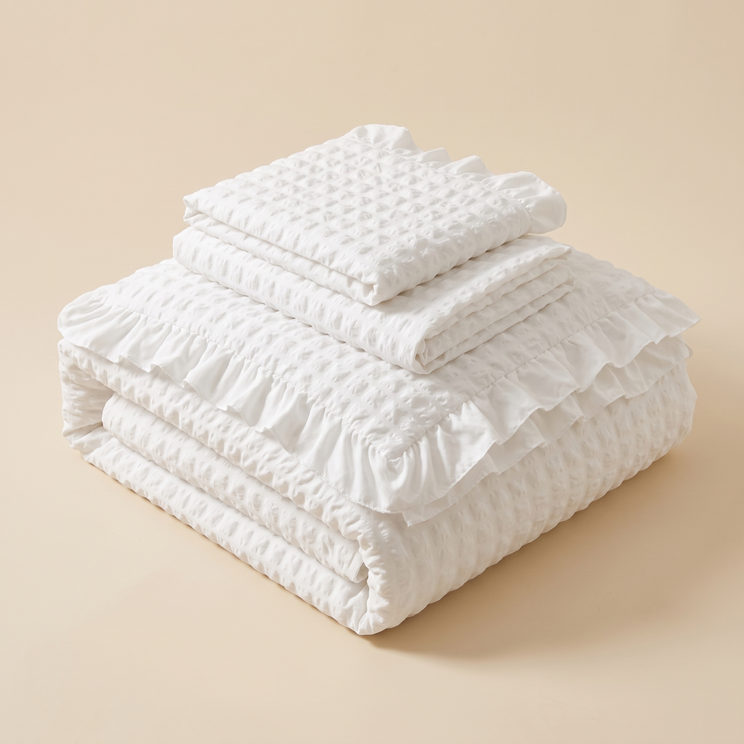 Ruffled Duvet Cover Set in White – folded stack with two pillowcases on top, against a plain beige backdrop