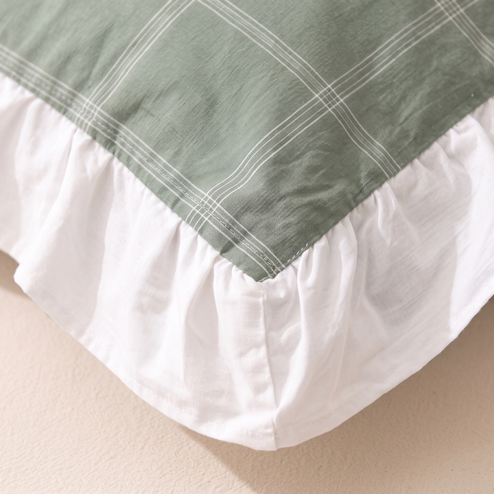 Cotton Pillowcases – Ruffled Plaid, Set of 2 in Green Grid