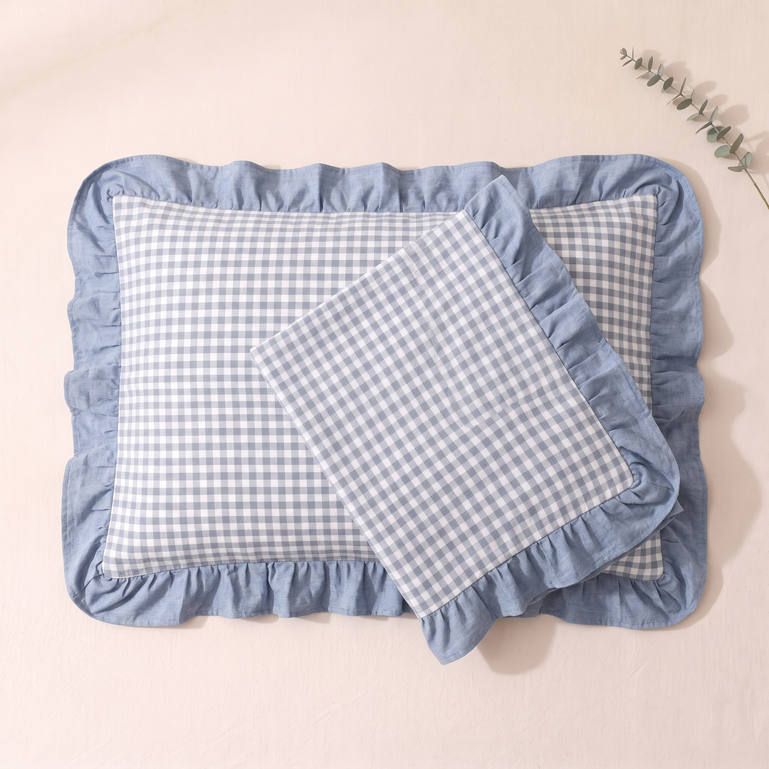 Cotton Pillowcases – Ruffled Plaid, Set of 2 in Blue Gingham – checked center panel framed by plain ruffled border, laid flat