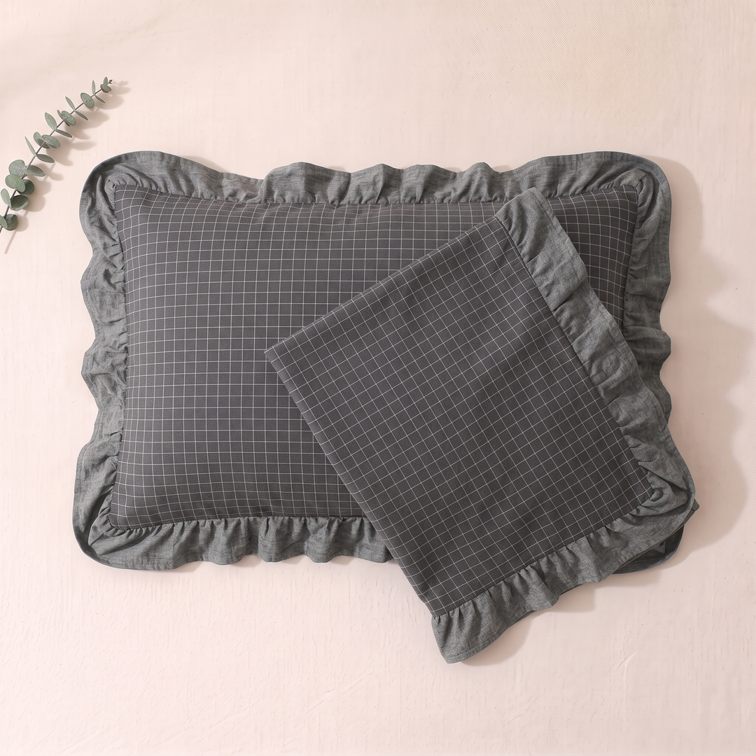 Cotton Pillowcases – Ruffled Plaid, Set of 2 in Charcoal Grid – grid pattern and wavy ruffle trim from above