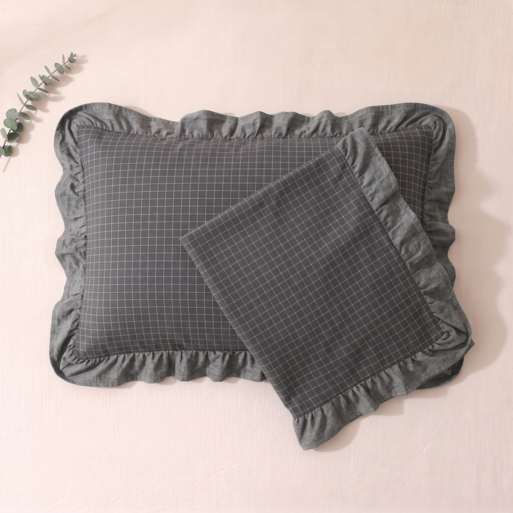 Cotton Pillowcases – Ruffled Plaid, Set of 2 in Charcoal Grid – grid pattern and wavy ruffle trim from above