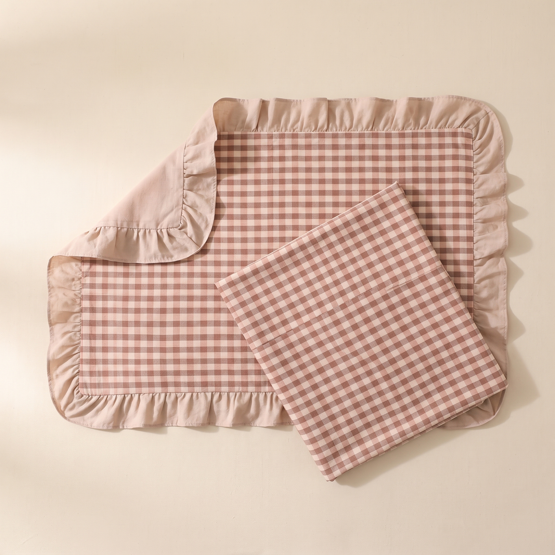 Cotton Pillowcases – Ruffled Plaid, Set of 2 in Pink Gingham – open case with turned-back corner, folded case on top