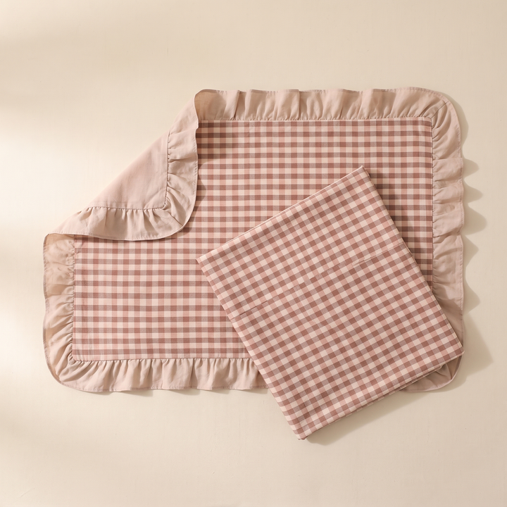 Cotton Pillowcases – Ruffled Plaid, Set of 2 in Pink Gingham – open case with turned-back corner, folded case on top
