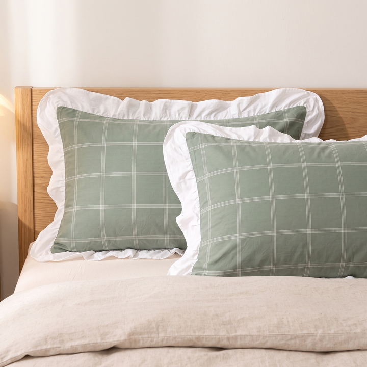Cotton Pillowcases – Ruffled Plaid, Set of 2 in Green Grid