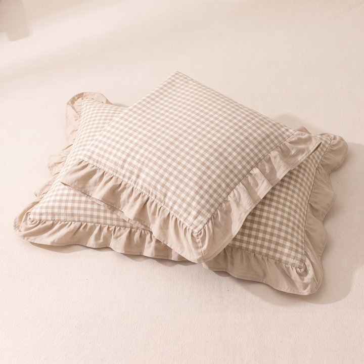 Cotton Pillowcases – Ruffled Plaid, Set of 2 in Beige Gingham