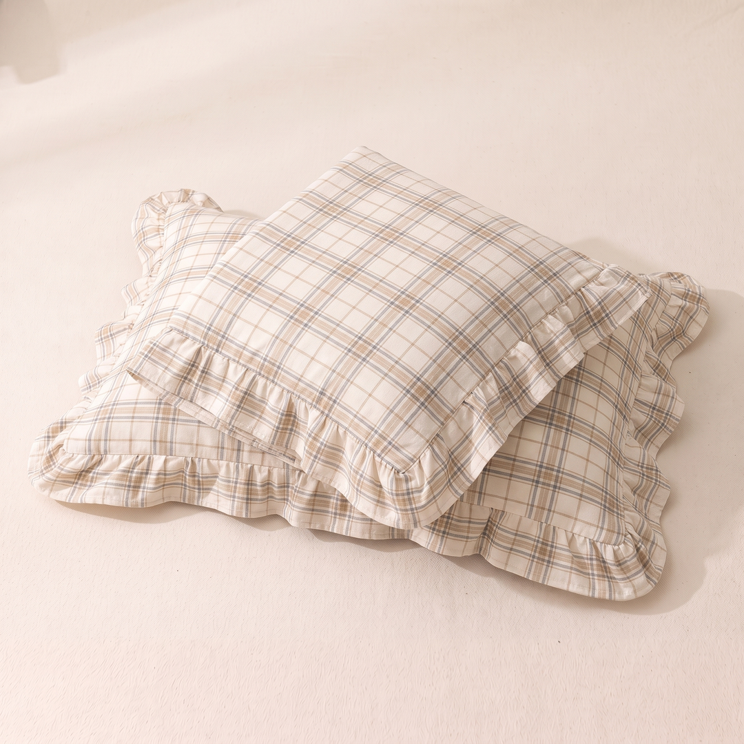 Cotton Pillowcases – Ruffled Plaid, Set of 2 in Beige Plaid