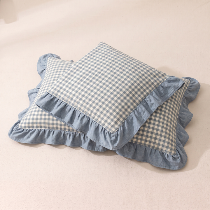 Cotton Pillowcases – Ruffled Plaid, Set of 2 in Blue Gingham