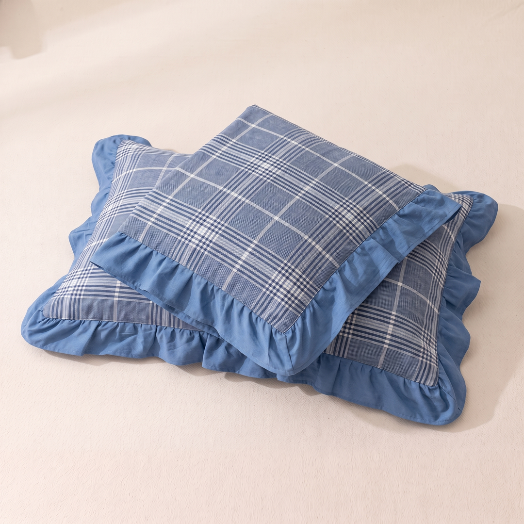 Cotton Pillowcases – Ruffled Plaid, Set of 2 in Blue Plaid