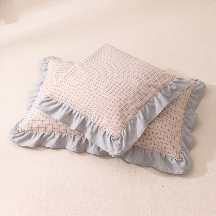 Cotton Pillowcases – Ruffled Plaid, Set of 2 in Blush Pink Grid