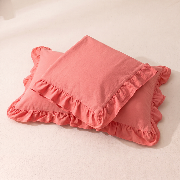 Cotton Pillowcases – Ruffled Plaid, Set of 2 in Coral