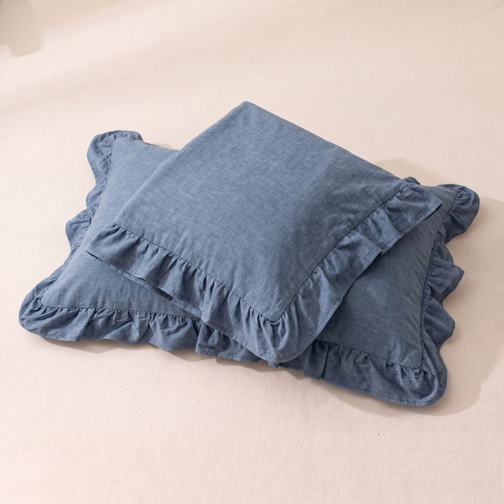 Cotton Pillowcases – Ruffled Plaid, Set of 2 in Denim Blue
