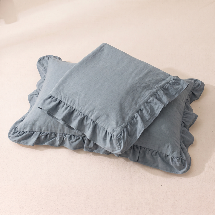 Cotton Pillowcases – Ruffled Plaid, Set of 2 in Dusty Blue