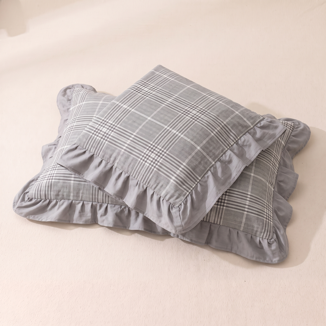 Cotton Pillowcases – Ruffled Plaid, Set of 2 in Gray Plaid