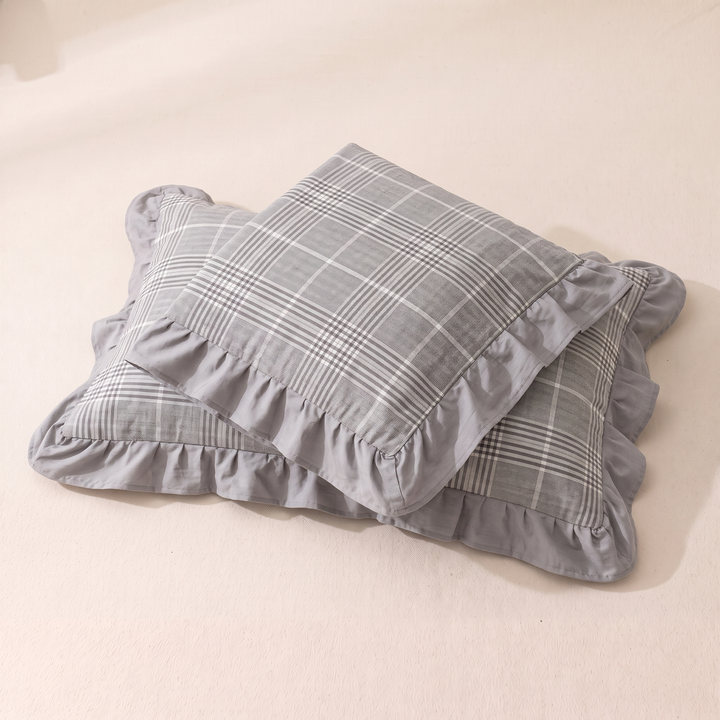 Cotton Pillowcases – Ruffled Plaid, Set of 2 in Gray Plaid