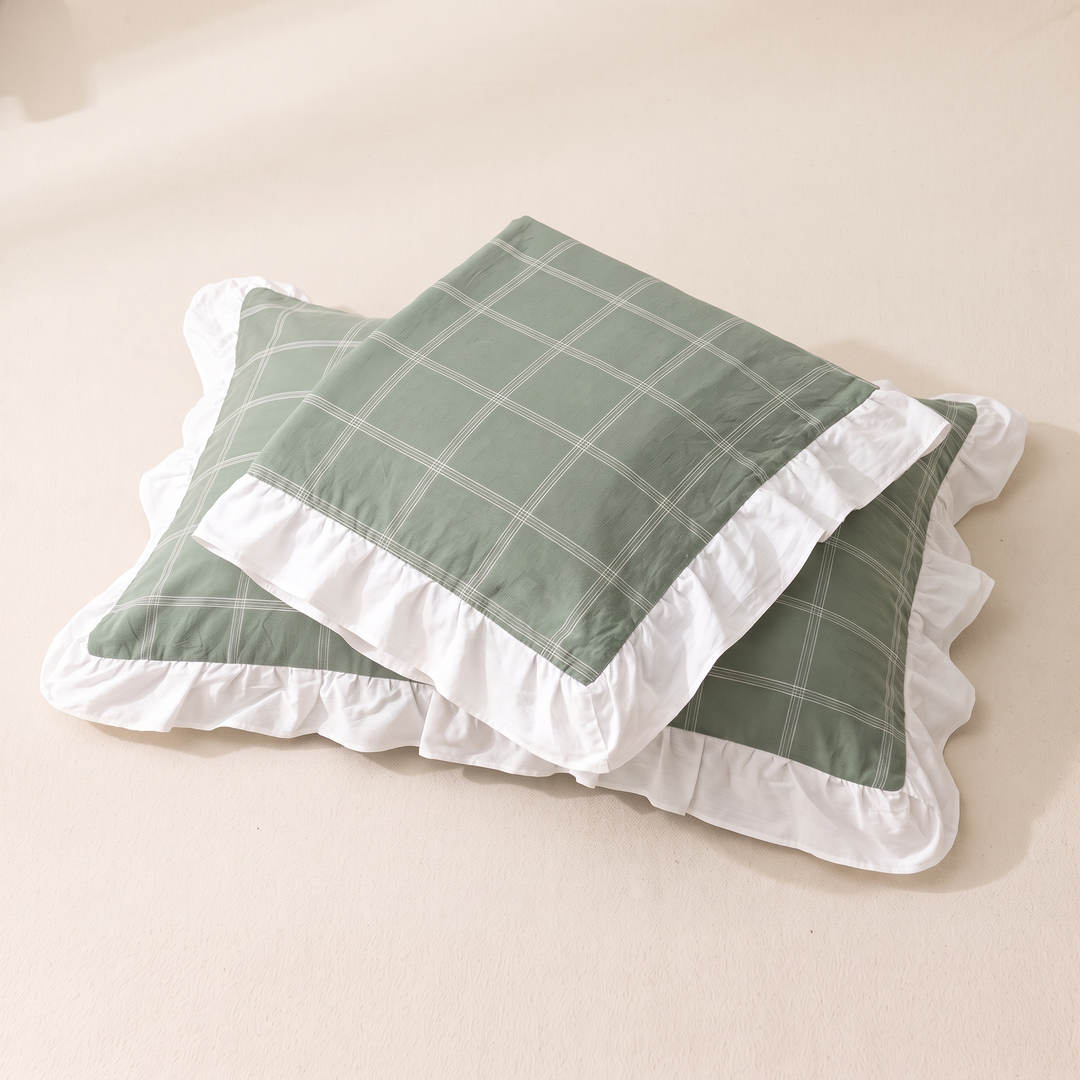 Cotton Pillowcases – Ruffled Plaid, Set of 2 in Green Grid
