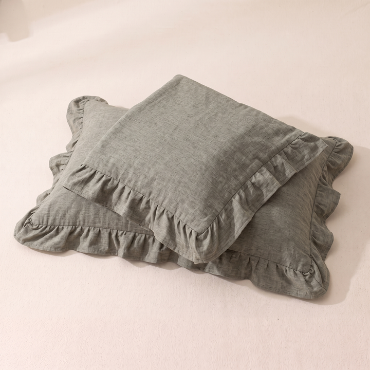 Cotton Pillowcases – Ruffled Plaid, Set of 2 in Khaki
