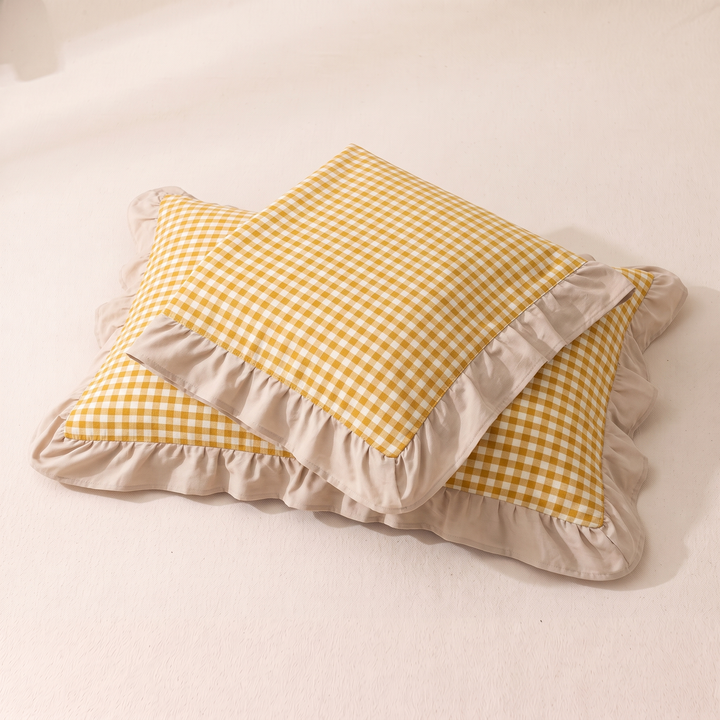 Cotton Pillowcases – Ruffled Plaid, Set of 2 in Mustard Gingham