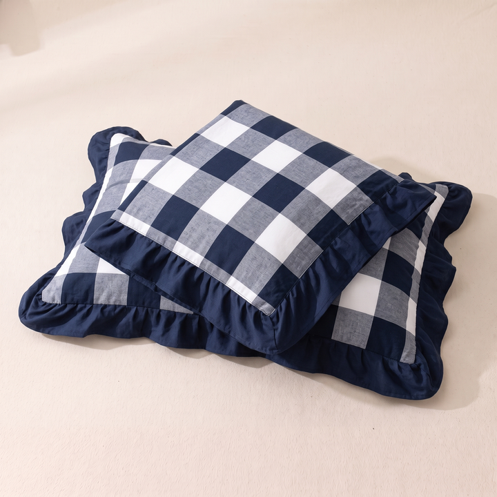 Cotton Pillowcases – Ruffled Plaid, Set of 2 in Navy Buffalo Check