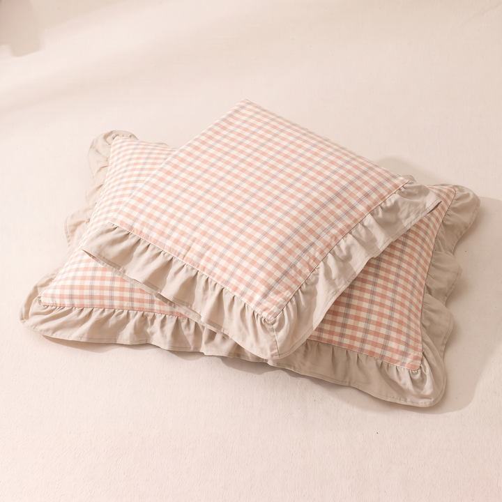Cotton Pillowcases – Ruffled Plaid, Set of 2 in Peach Gingham