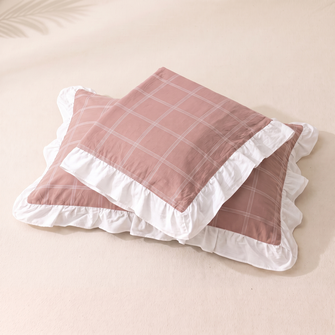 Cotton Pillowcases – Ruffled Plaid, Set of 2 in Rose Pink Grid