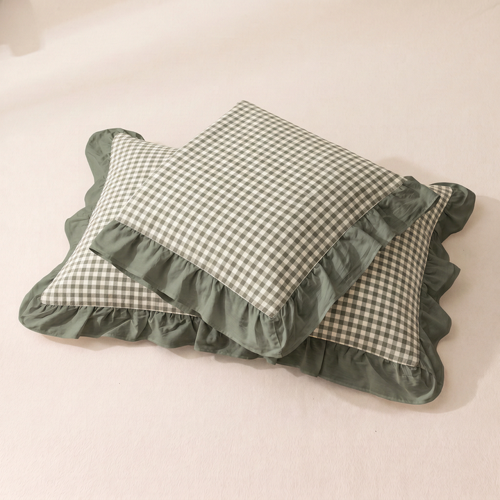 Cotton Pillowcases – Ruffled Plaid, Set of 2 in Sage Gingham