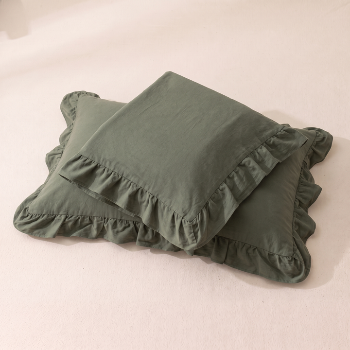 Cotton Pillowcases – Ruffled Plaid, Set of 2 in Sage