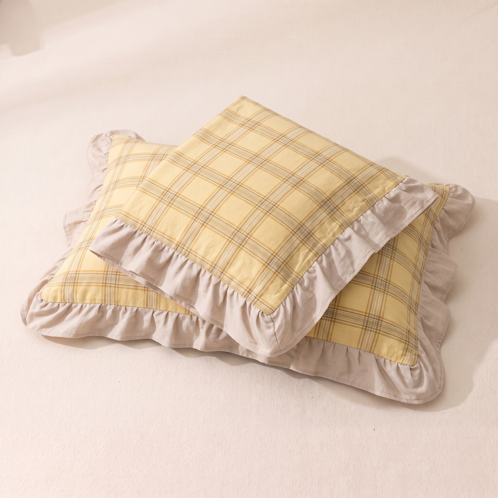 Cotton Pillowcases – Ruffled Plaid, Set of 2 in Yellow Plaid