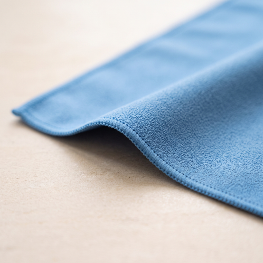 Sand-Free Beach Towel – Quick-Dry in Blue – close-up of the stitched edge and soft microfiber surface