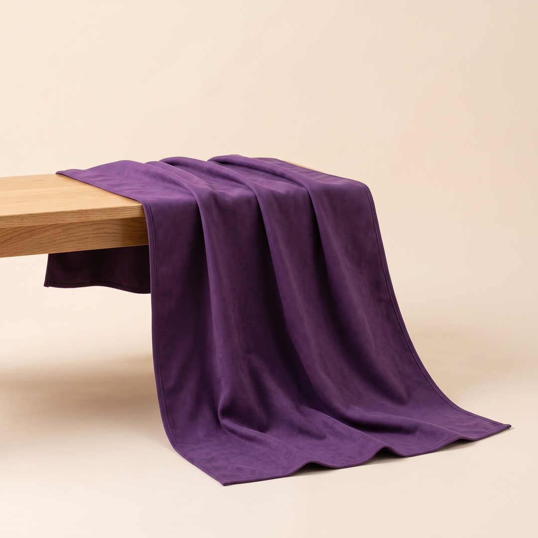 Sand-Free Beach Towel – Quick-Dry in Purple – draped over the edge of a wooden bench