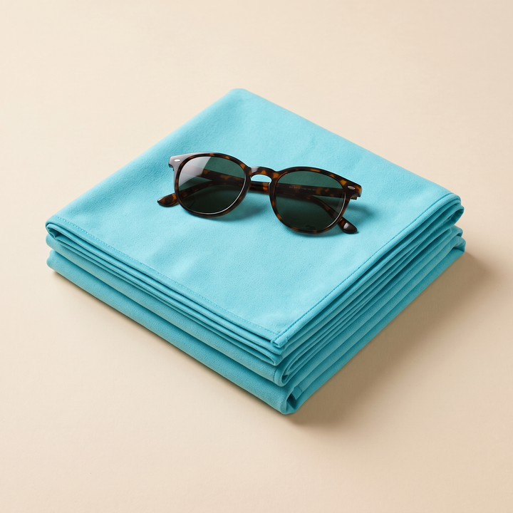 Sand-Free Beach Towel – Quick-Dry in Turquoise – folded stack topped with tortoiseshell sunglasses on a beige background