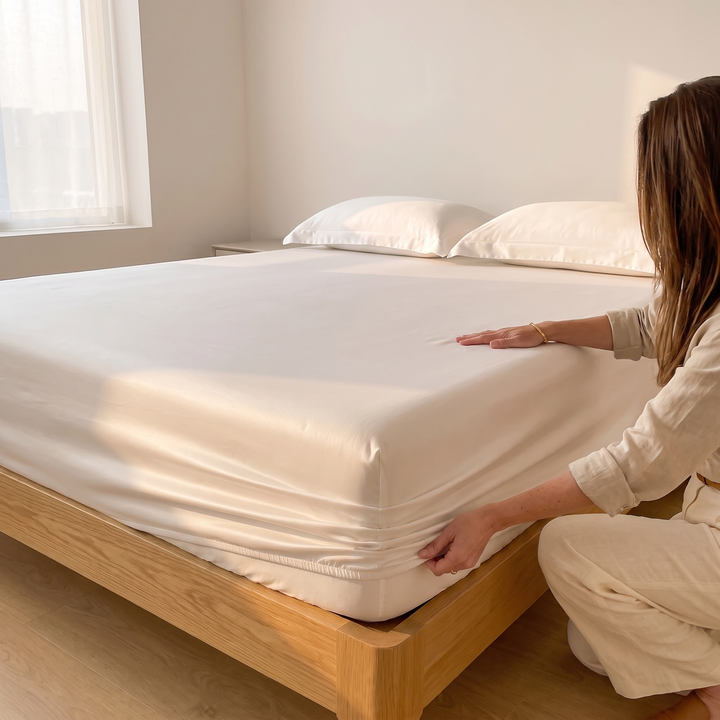 Sateen Fitted Sheet Set with 2 Pillowcases in White – person smoothing fitted sheet over mattress in sunlit bedroom