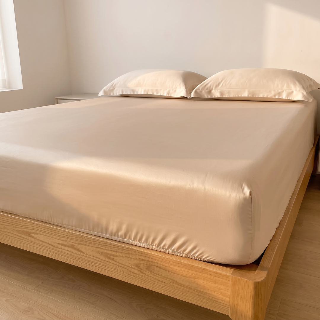 Sateen Fitted Sheet Set with 2 Pillowcases in Champagne – angled view of bed beside window in soft sunlight