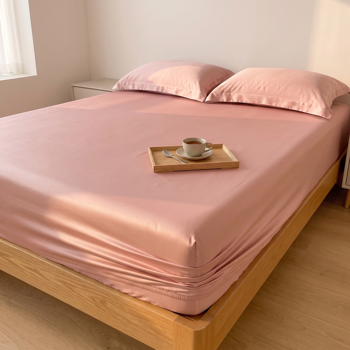 Sateen Fitted Sheet Set with 2 Pillowcases in Dusty Pink – wooden serving tray with cup, saucer and spoon on the bed