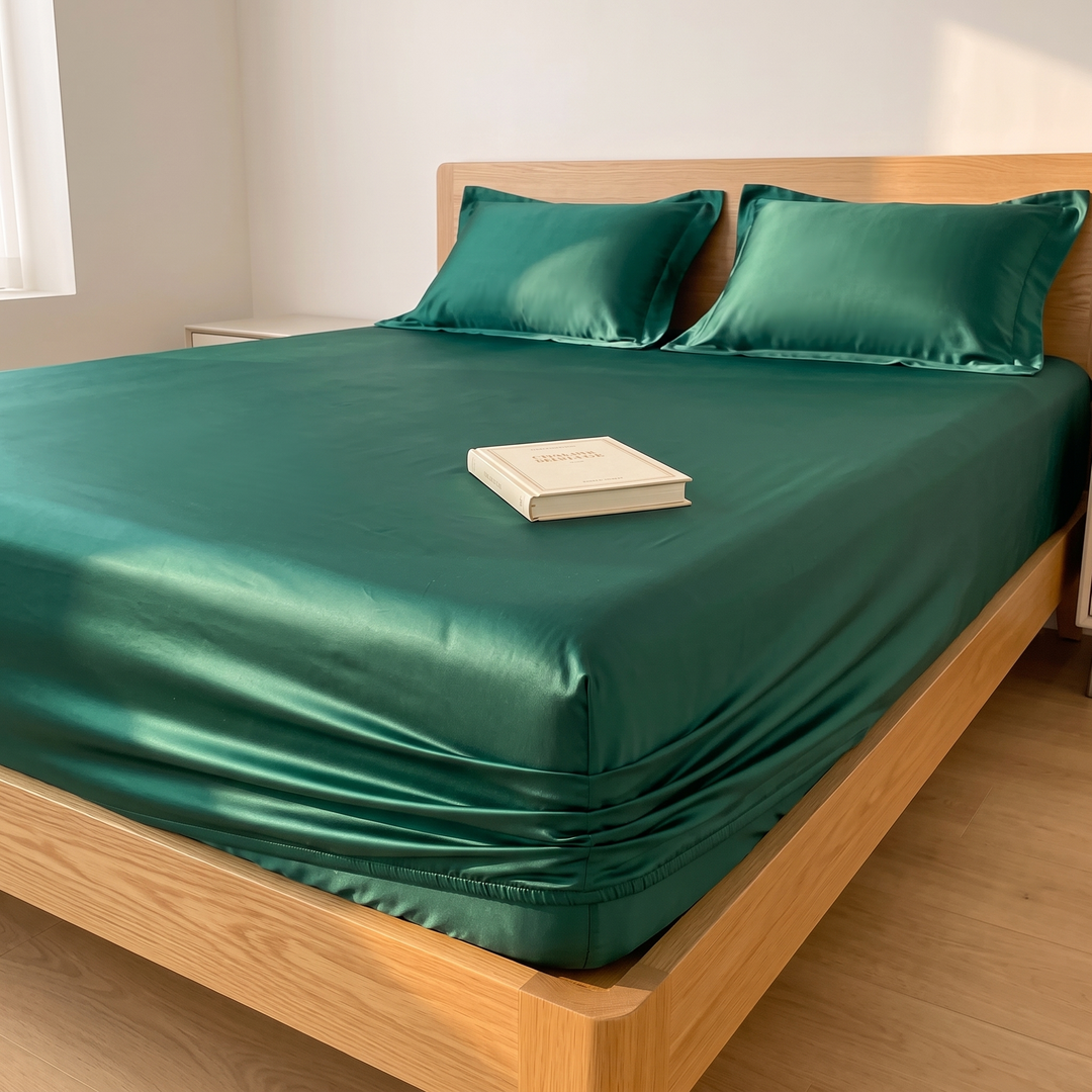 Sateen Fitted Sheet Set with 2 Pillowcases in Emerald Green – foot-corner view with a closed book on the mattress