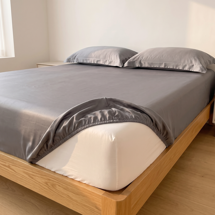 Sateen Fitted Sheet Set with 2 Pillowcases in Gray – corner pulled up to reveal elastic edge and mattress