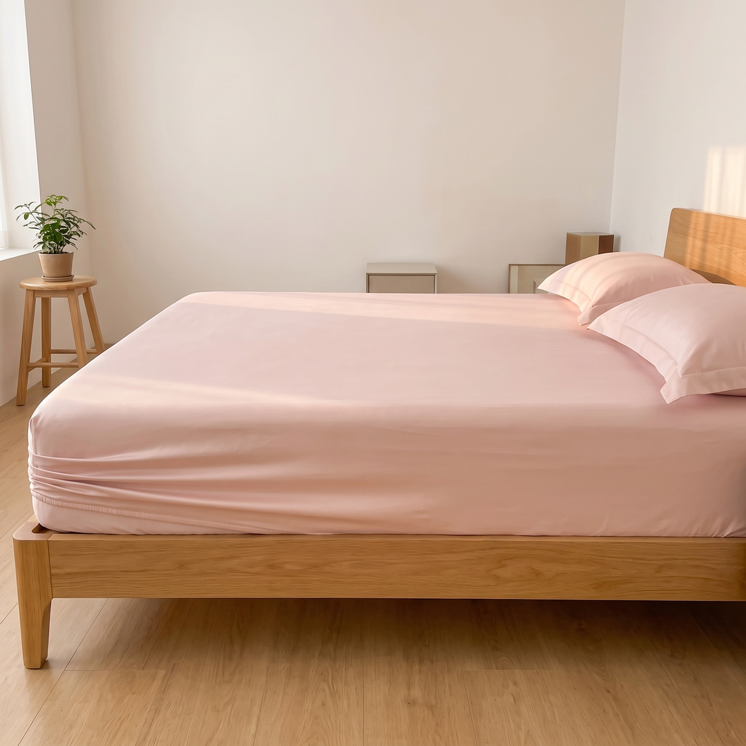 Sateen Fitted Sheet Set with 2 Pillowcases in Light Pink – side view with a potted plant on a wooden stool