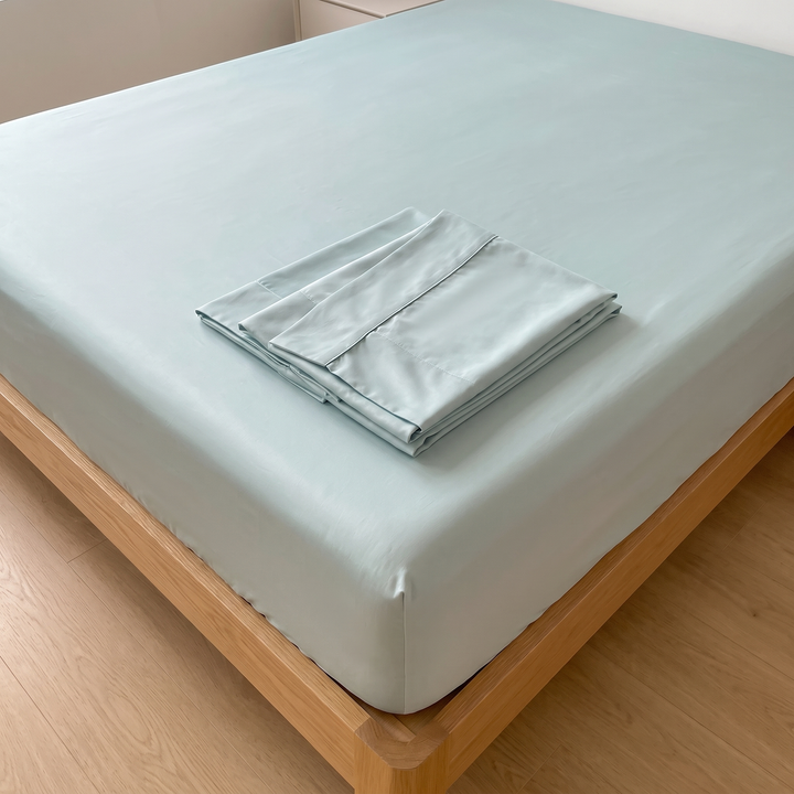Sateen Fitted Sheet Set with 2 Pillowcases in Mint Green – folded pillowcases resting on a fitted mattress, seen from above at an angle