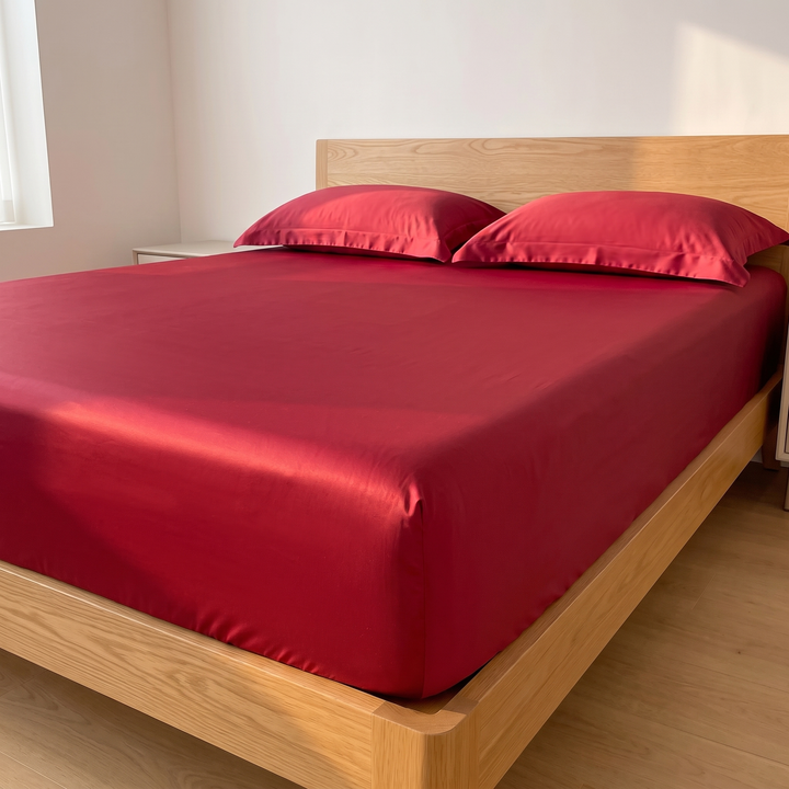 Sateen Fitted Sheet Set with 2 Pillowcases in Red – sheet skirt hanging along oak side rail toward the headboard
