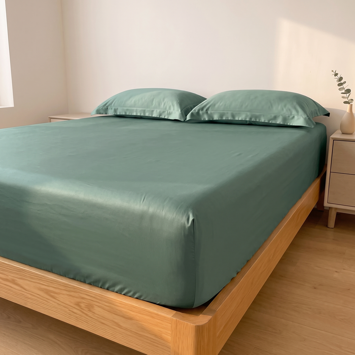 Sateen Fitted Sheet Set with 2 Pillowcases in Sage – bed beside a two-drawer nightstand with eucalyptus in a vase