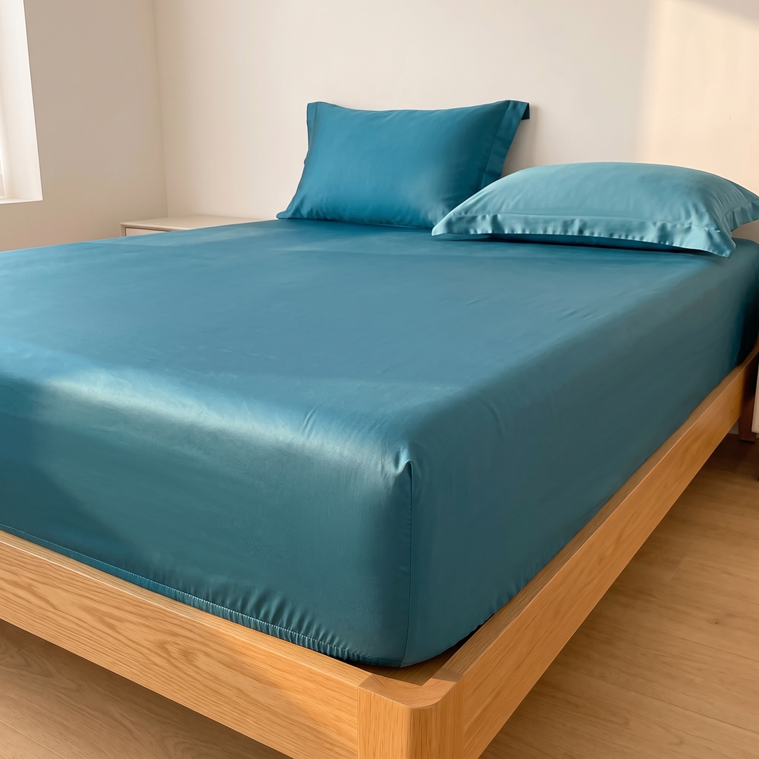 Sateen Fitted Sheet Set with 2 Pillowcases in Teal Blue – smooth stretched sheet and two pillows against a plain wall
