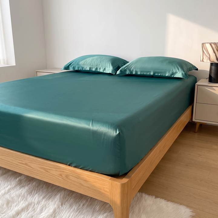 Sateen Fitted Sheet Set with 2 Pillowcases in Teal Green – bed corner with fluffy white rug in foreground